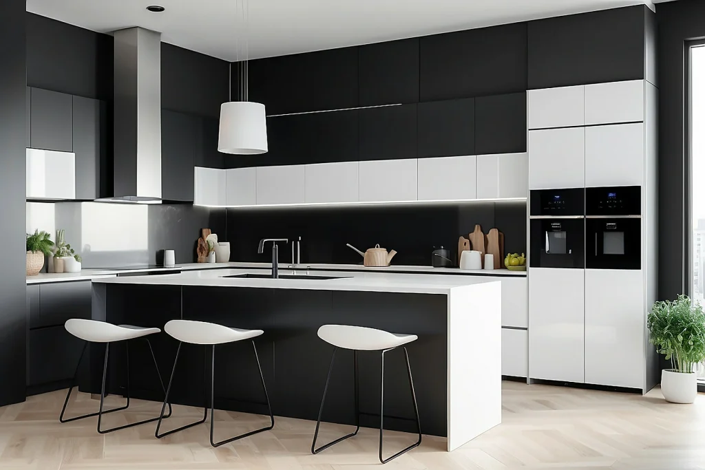 modern kitchen interior with white furniture appliances decor black refrigerator