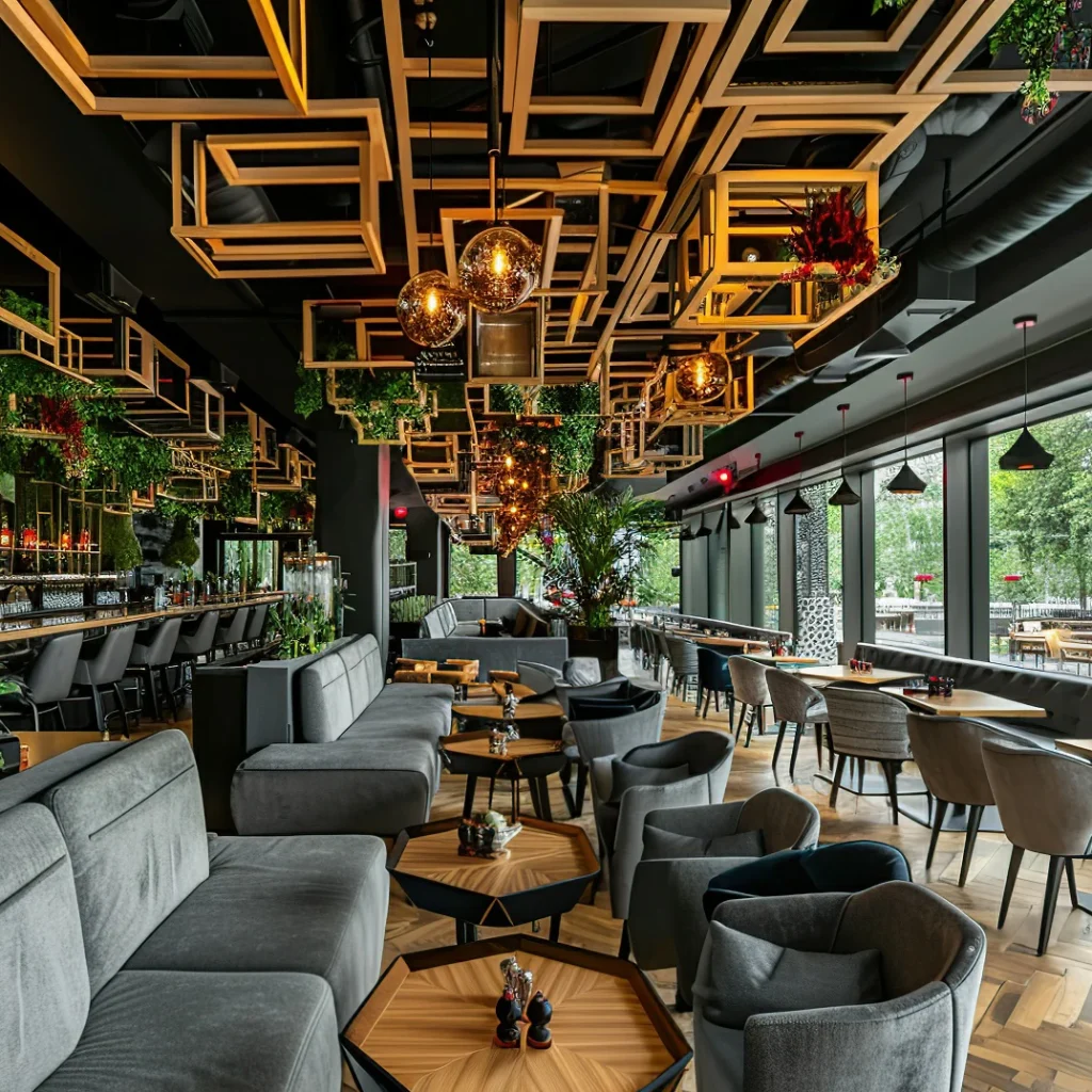 modern restaurant interior with geometric ceiling design e1721654040509